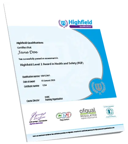 Copy of an actual certificate you will receive from our awarding organisation Highfield Qualifications